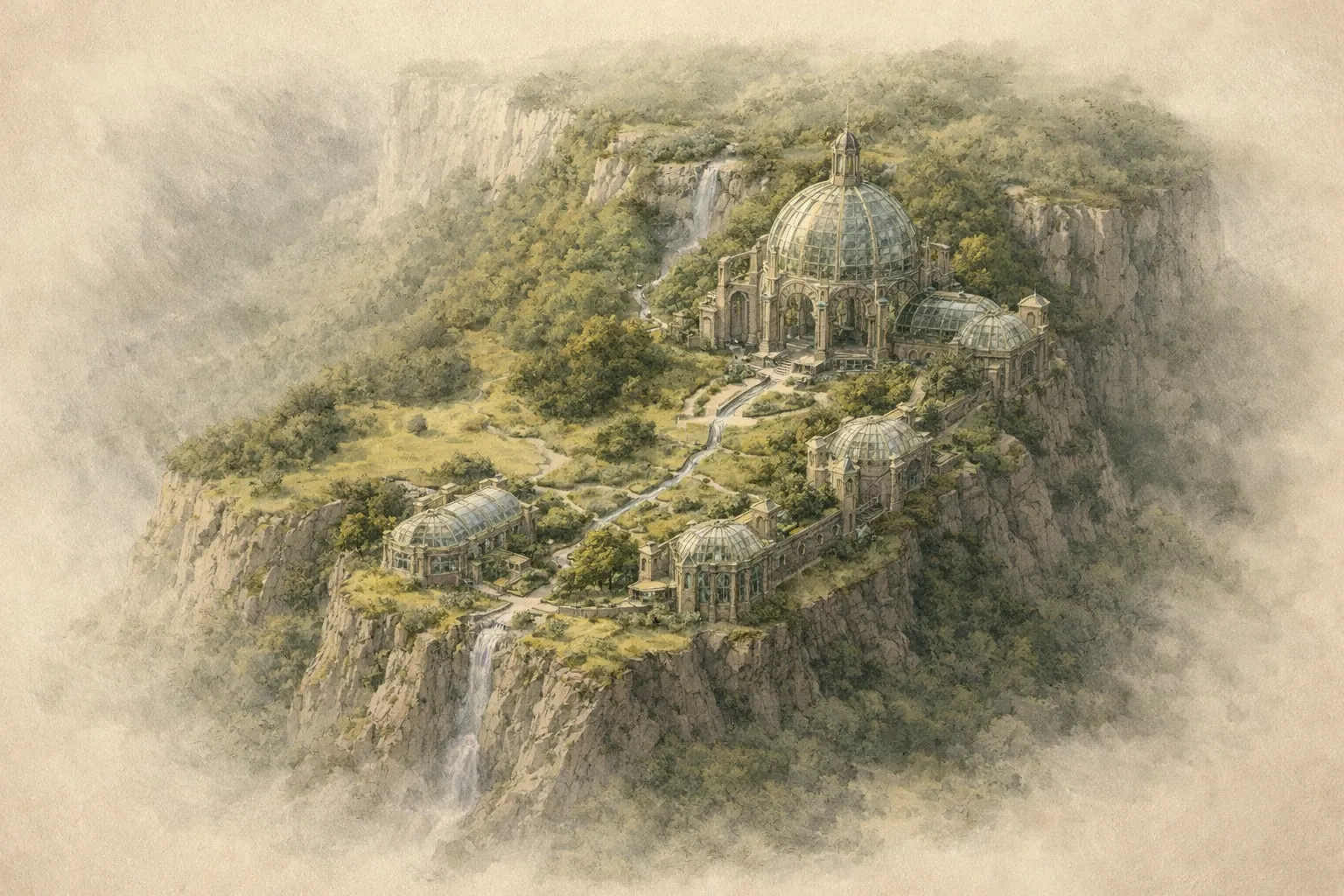 Watercolor plate of the Atrium Promontory: a glass-domed structure and its conservatories on a high cliff shelf, waterfalls descending, the image fading into blank parchment at its edges.