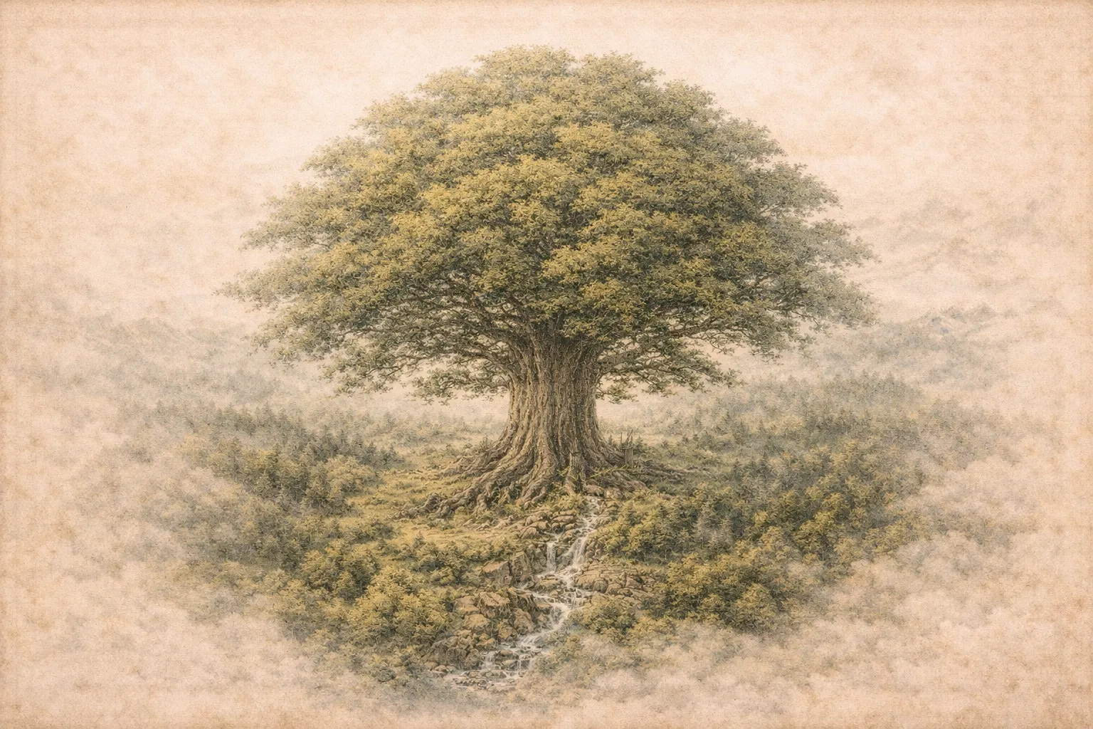 Watercolor plate of the Awakenings, a great tree: an immense broadleaf tree above the convergence of 3 distinct forests, a stream running from its roots, the image fading into blank parchment.