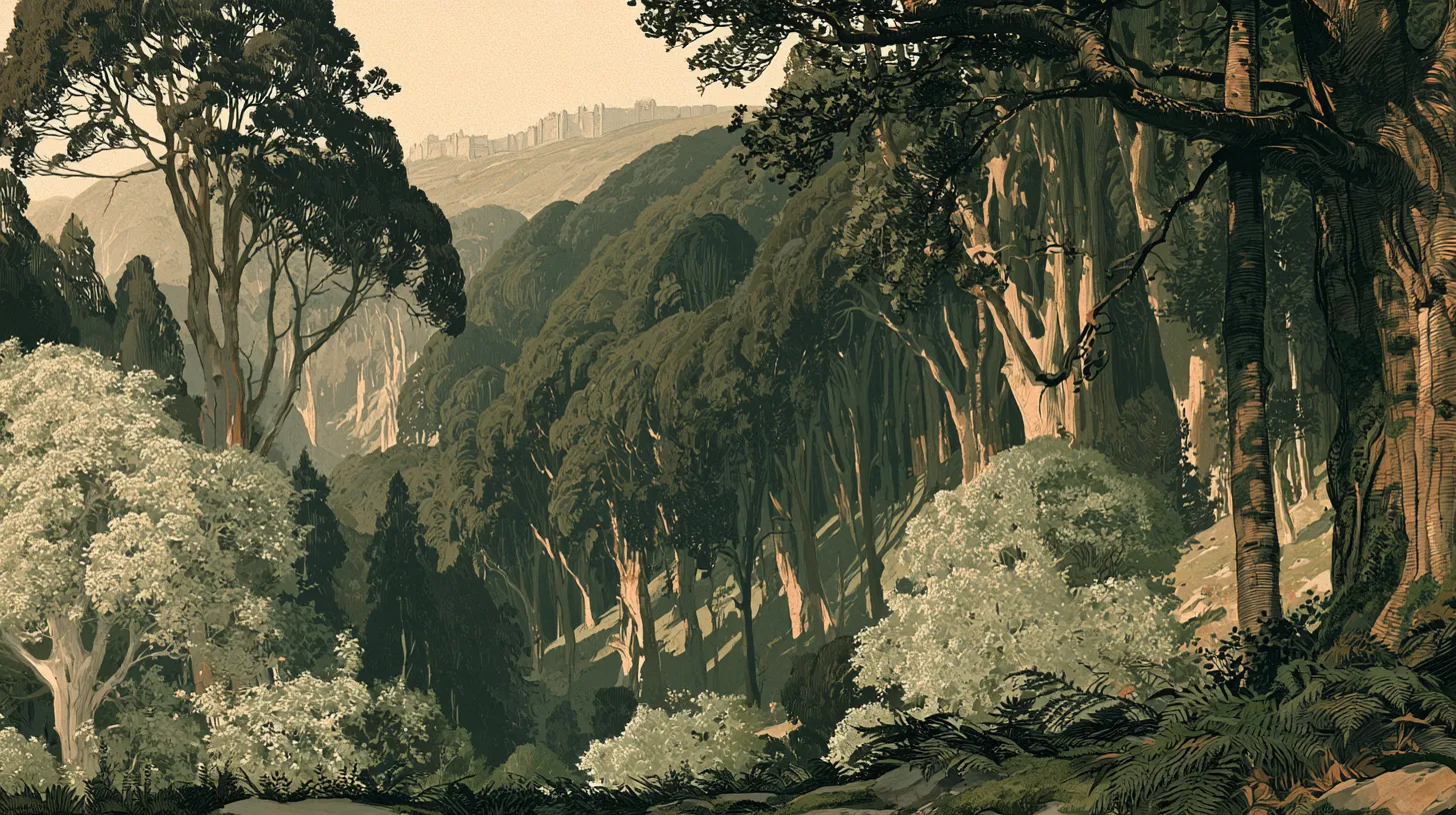 Watercolor plate of Cloudwood: a dense conifer forest valley half-veiled in fog, fading into blank parchment at its edges.